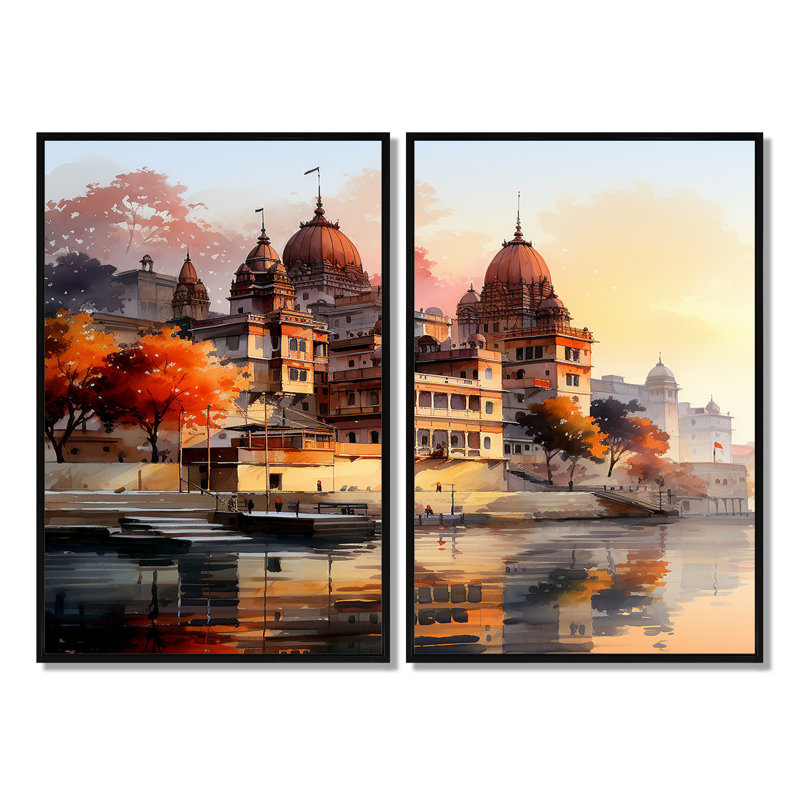 Indian Art Ganges At Dawn 1 - People Indian Art Art Prints On Canvas 2-Pieces, Black, 36" H x 48" W, Floater Framed Print