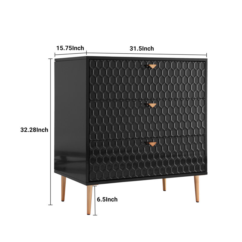 Commode haute et commode à 3 tiroirs haute brillance 32 po, Noir