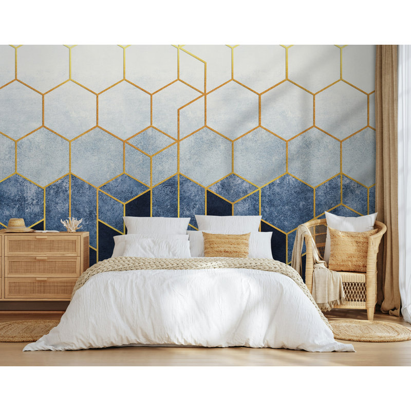 Papier peint géométrique hexagonal bleu marine et or, L 100 po x l 150 po