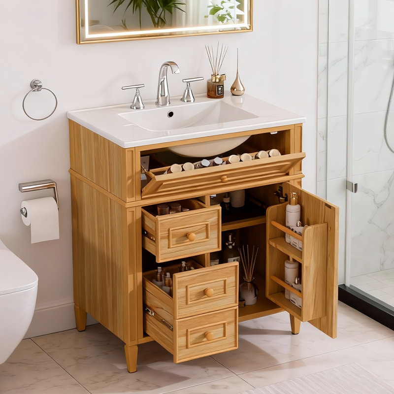 Meuble-lavabo élégant de 30 po: armoire en bois massif et panneau de fibres à densité moyenne avec tiroir rabattable, 2 tiroirs à fermeture en douceur et 1 porte à fermeture en douceur