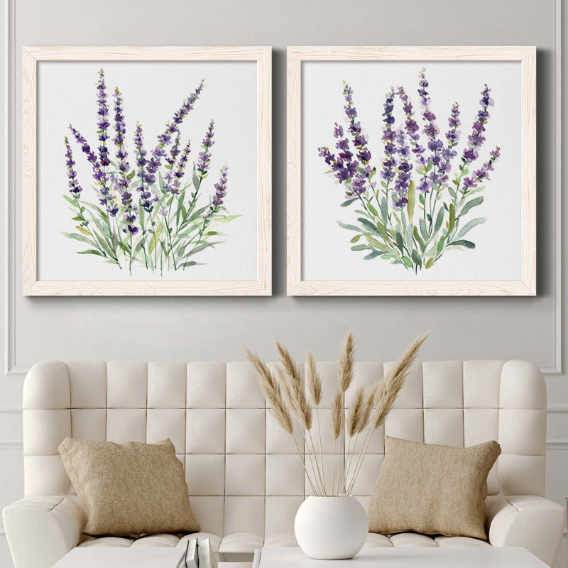 Lavande botanique I - ensemble de 2 peintures sur toile encadrées, H 27,5 po x l 55 po x P 1,5 po, Cadre blanc