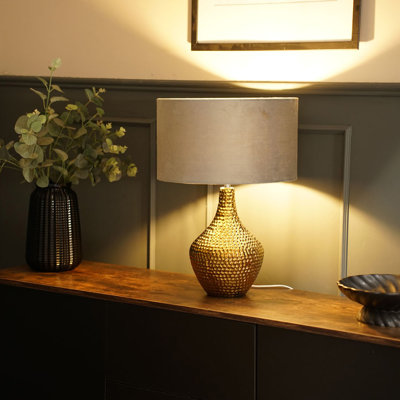 Deshi Metallic Gold Ceramic Table Lamp with Blush Velvet Reni Shade and 6W GLS Warm White Bulb