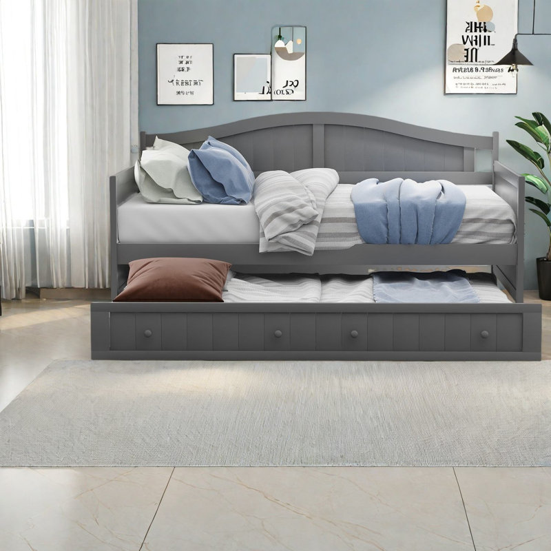 Lit de jour simple en bois avec couchette multifonctionnelle peu encombrante, gris