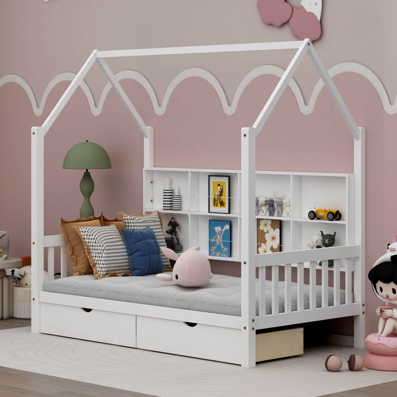 Antiope Kids Bed with Storage Shelf, Twin , White