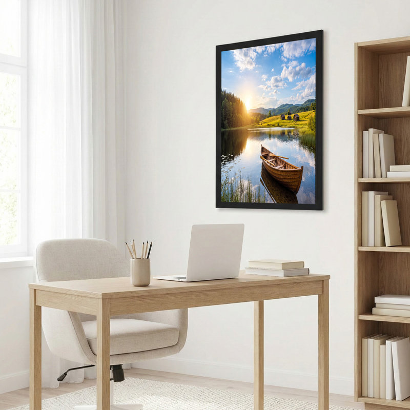 Toile en bois sur le lac réfléchissant au coucher du soleil, 20"H x 30"W