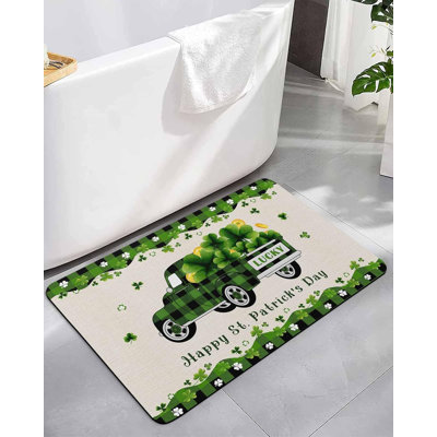 St Patrick's Clovers Leaf Coin Truck Bathroom Rug Diatomaceous Earth Bath Mat,Absorbent Shower Mat Non-slip Doormat for Kitchen Bedroom, Classic Grid Burlap Cotton Diatomite Stone Mats 16x24in