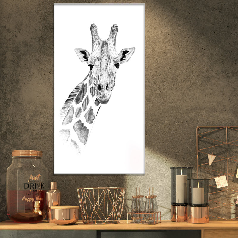 Girafe en noir et blanc - reproduction d'art sur toile tendue, H 32 po x l 16 po x P 1 po