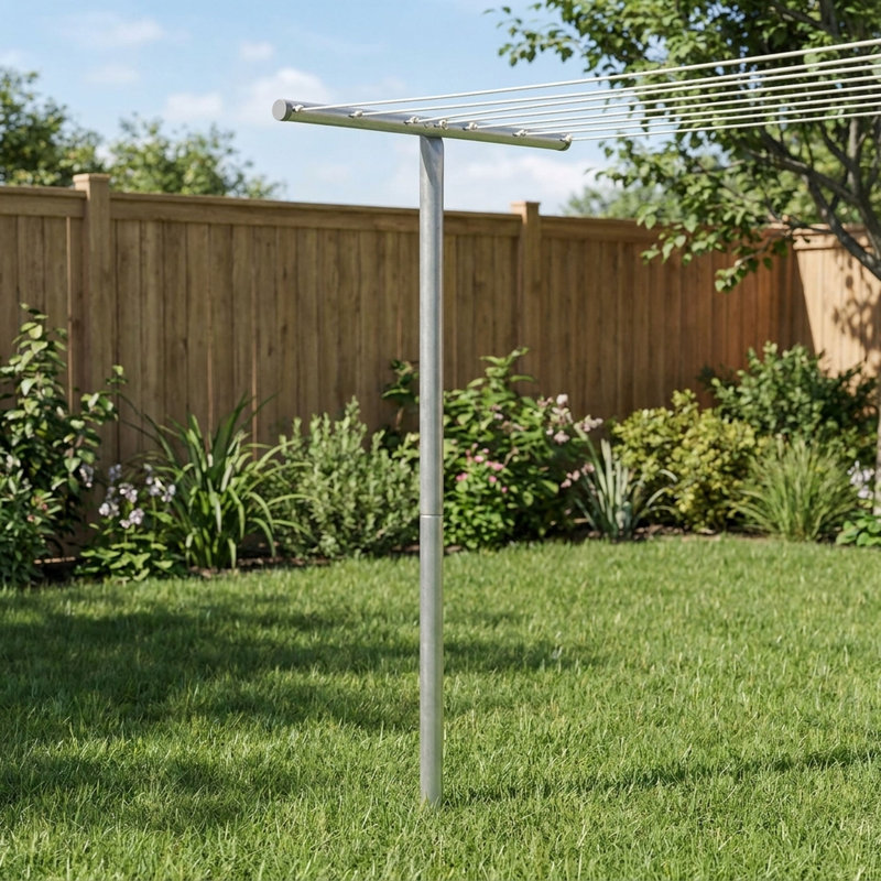 Steel Outdoor Clothesline T‑Post, Galvanized Single Post with Crossbar and Eyelet Screws