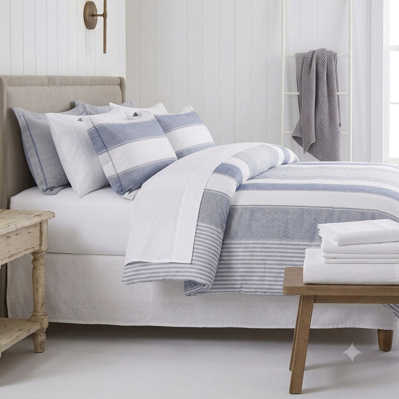 Ensemble de couette surdimensionné de 7 pièces en coton naturel à rayures bleues Wilhelm, format king, Très grand lit