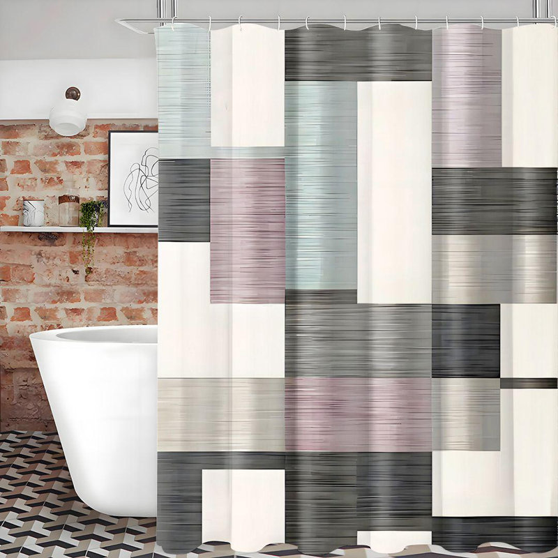 Rideau de douche avec crochets inclus, H 72 po x l 72 po, Gris / blanc / rose / noir à carreaux