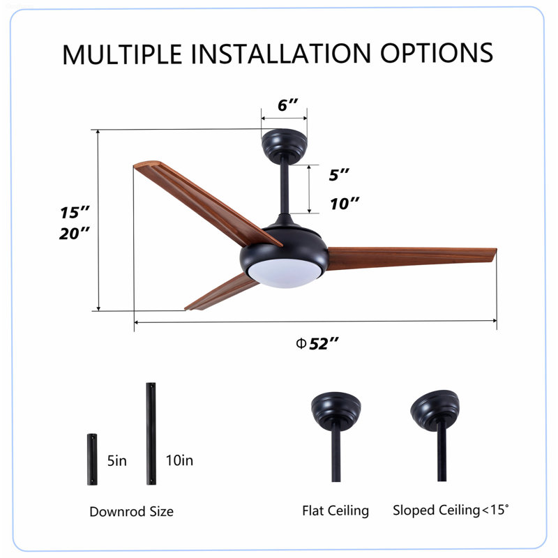 Ventilateur de plafond 52 pouces réversible 52 pouces avec lumière, noir mat, Matte Black