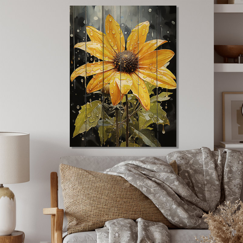 Fleur jaune, beauté contrastée sur bois, H 20 po x l 10 po x P 0,78 po
