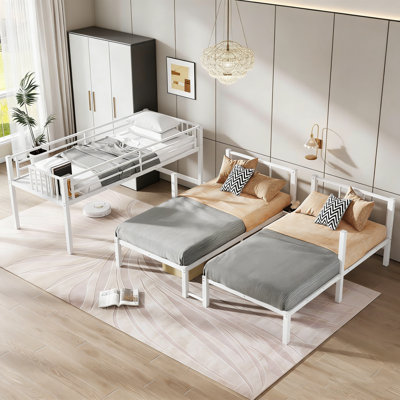 Lit superposé simple au-dessus de simple, lit superposé à cadre en acier robuste avec garde-corps, lit superposé pour chambre d'amis dans un dortoir, aucun sommier nécessaire, noir et blanc