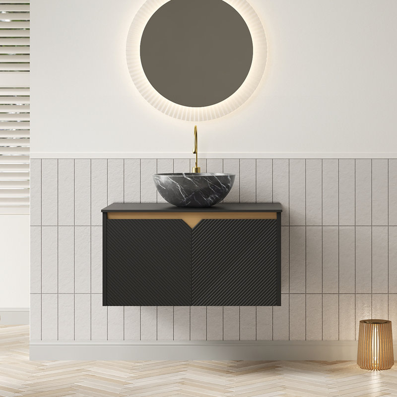AeroLuxe Modern Wall-Mounted Bathroom Vanity with Marble Pattern Ceramic Basin & Sintered Stone Countertop, Black, 30"