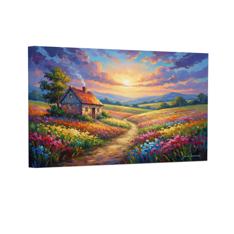 Paysage, nature, campagne, coucher de soleil, champ de fleurs, chemin, ciel, montagnes, H 12 po x l 18 po