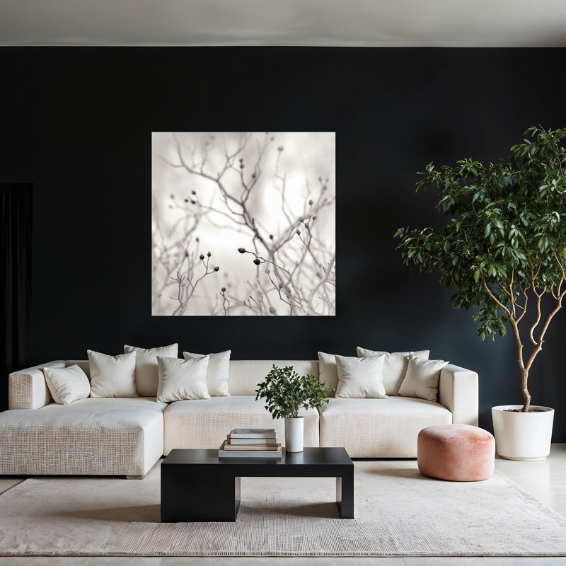 Winter Berries, art contemporain de paysage d'hiver abstrait, H 48 po x l 48 po
