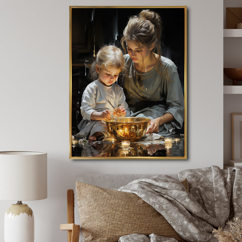 Leeon " Baptism Sacred Reflection ", 32" H x 24" W x 1" D, Gold Floater Framed Canvas