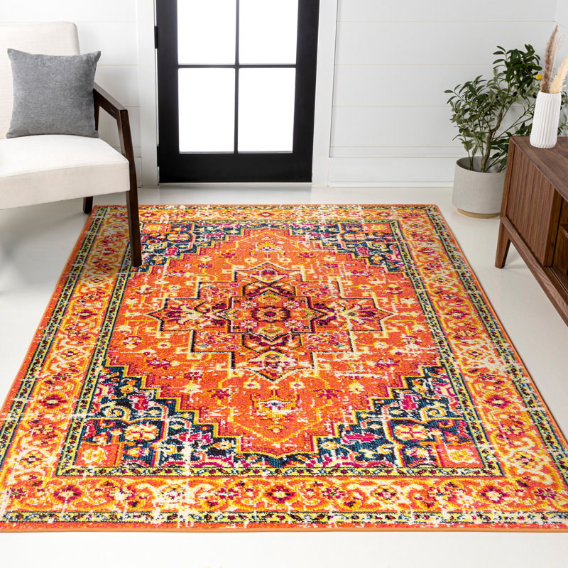 Tapis orange / bleu Dercyn, Rectangle 5 pi 3 po x 7 pi 6 po