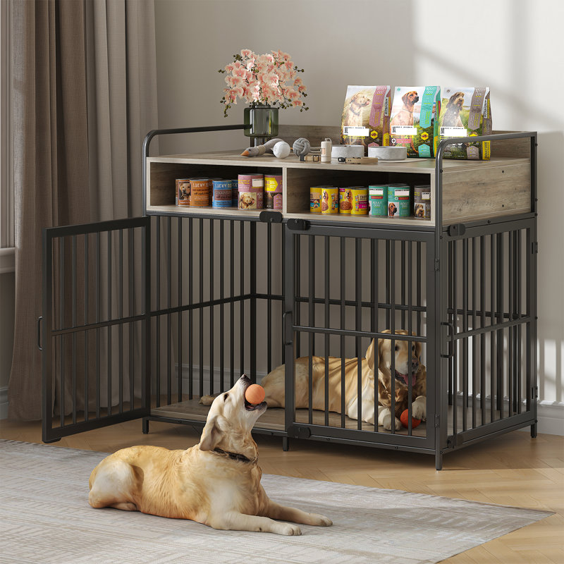 Small Dog Crate Furniture With Drawers Storage, Puppy Dog Kennel Indoor With Double Doors, Heavy Duty Wooden Dog Cage Table, Sturdy Metal