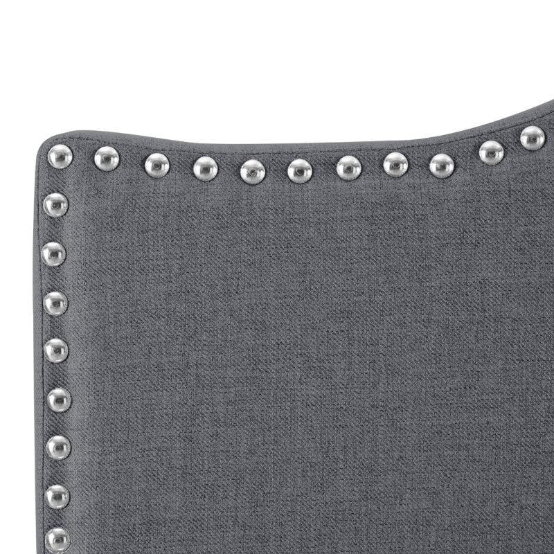 Nailhead Trim Adjustable Upholstered Headboard in Linen Fabric, Metal Legs, Black, Full