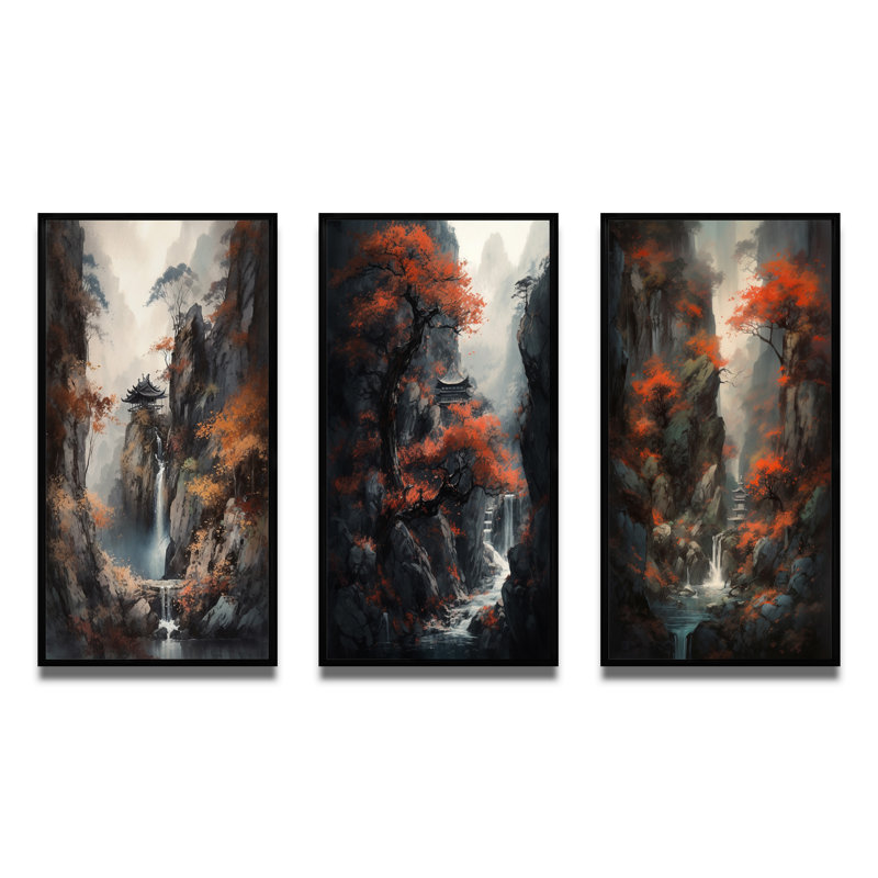 «Cascading Botanical Trees», 3 pièces sur toile, H 32 po x l 48 po, Cadre flottant noir