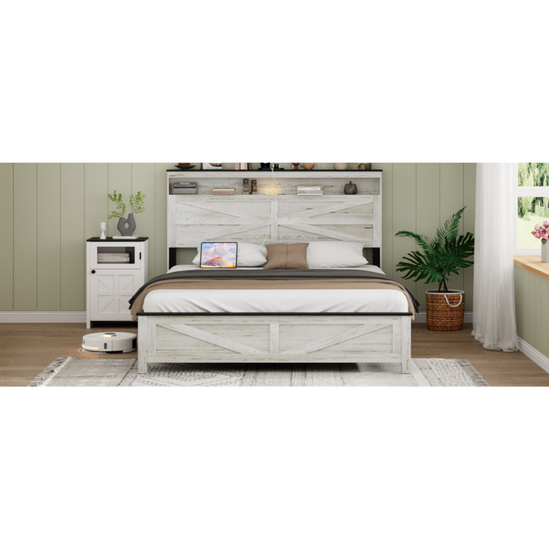 Tête de lit pour grand lit avec lumières DEL et base de lit plateforme avec coussin de charge, grand lit, avec tête de lit et espace de rangement caché, aucun sommier requis, blanc