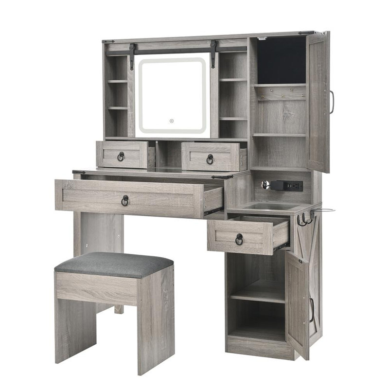 Bureau de coiffeuse avec miroir coulissant et lumières, Gris