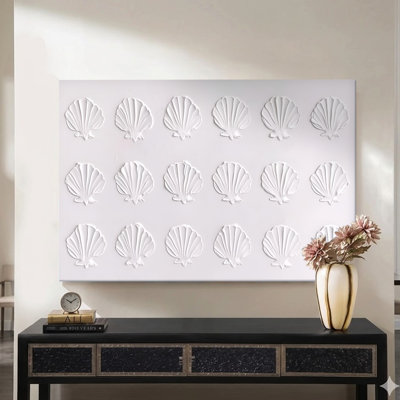 1Pc Framed Canvas Poster Print Seashell motifs: Uniformly arranged white shell shapes, Textured acrylic painting style. Wall Art Decor, Perfect for Room Decor Living Room Bedroom Office Kitchen Bathroom Home Decor, Ideal Home Wall Decoration Gift, 2D Flat