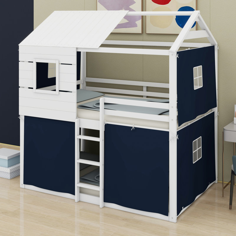Solid Wood Floor Bunk Beds With Ladder,Guardrails,Tent And Window, Full over Full, Blue/White
