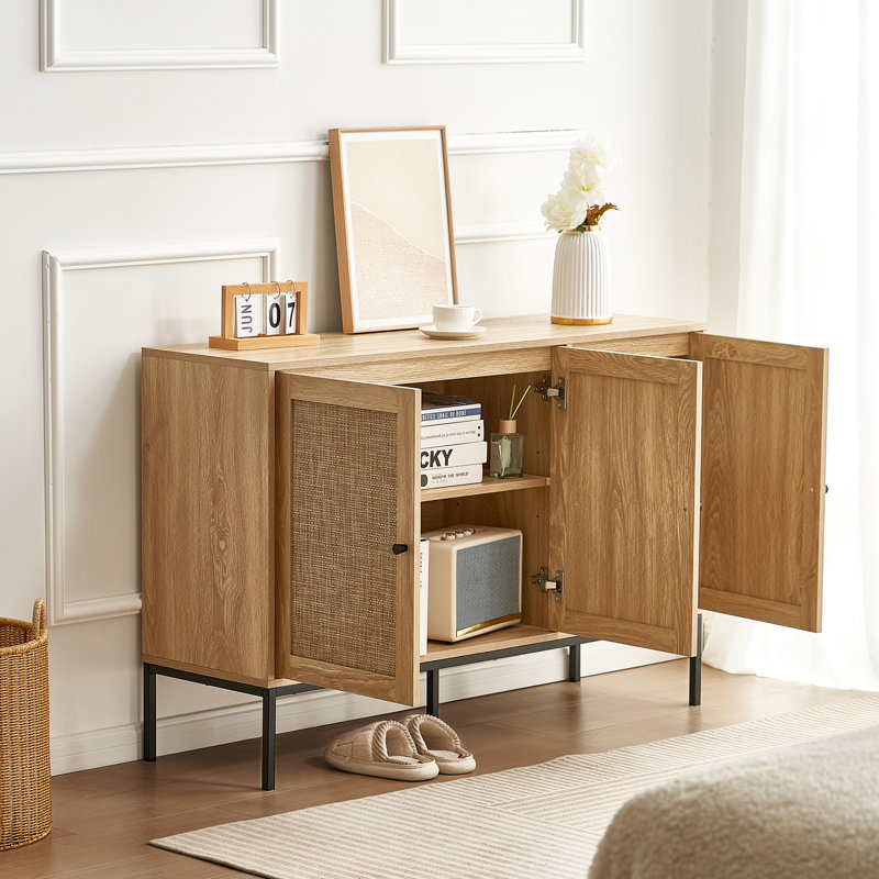 Natural Rattan Cabinet with Adjustable Shelves and Black Legs