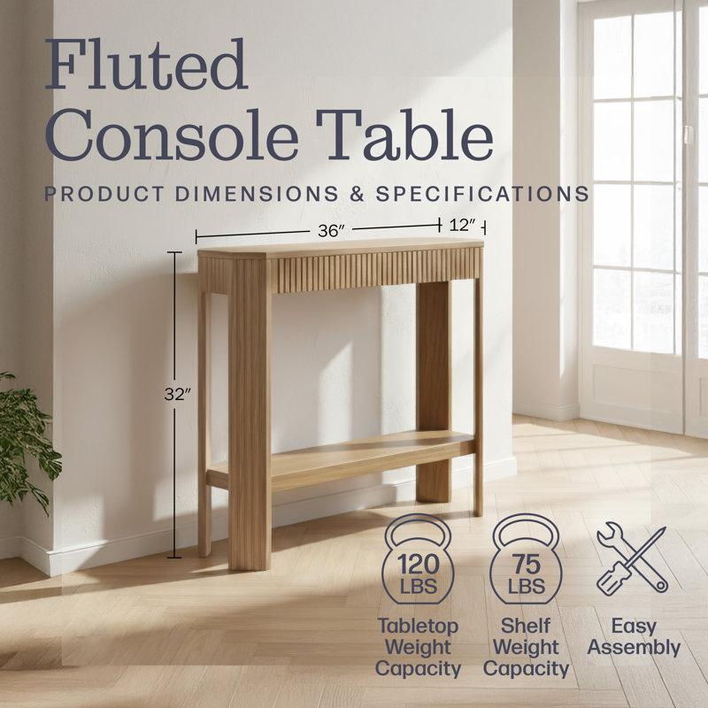 Fluted Solid Wood Console Table - 36 Inch Modern Entryway Table with Storage Shelf - Easy Assembly Living Room Furniture for Behind the Couch, Entryway, or Hallway (Light Oak)