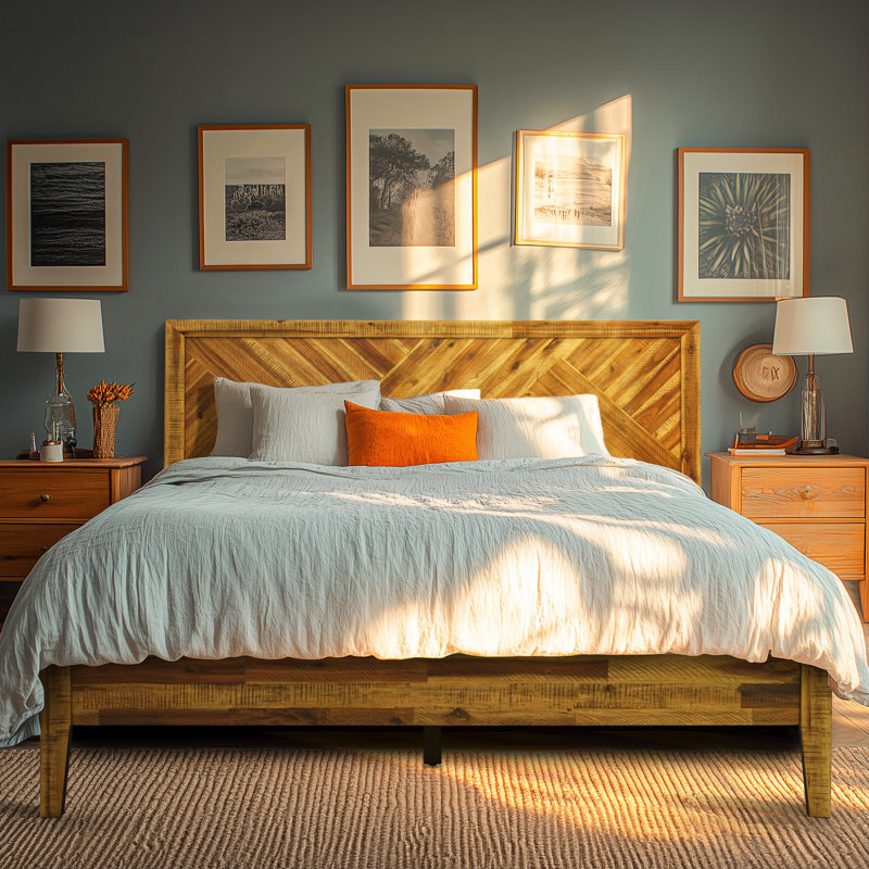 Gonsoulin Solid Wood Bed Frame with Adjustable Headboard/Handcrafted Pattern Platform Bed, Early American, King