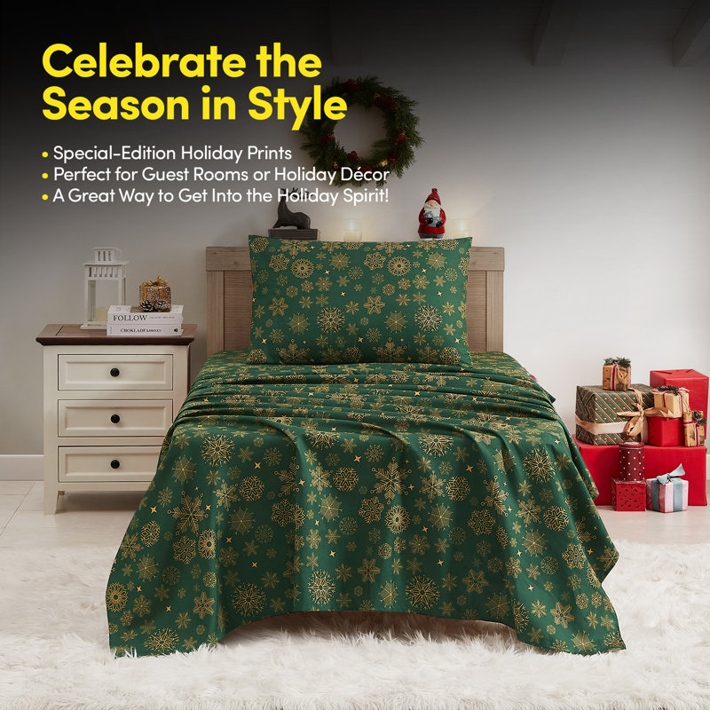 Printed Holiday 3Pc Sheet Sets, Easy Care, Soft & Wrinkle-Resistant Holiday Bedding - Snowflakes, Twin
