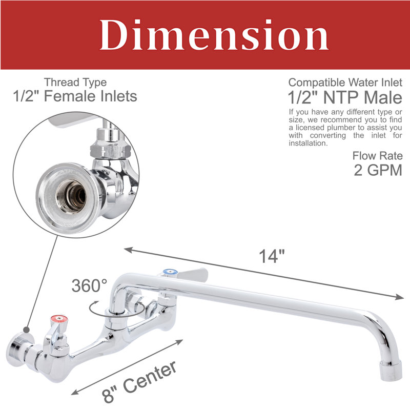 14" Swivel Spout Touch Double Handle Wall Mount Kitchen Faucet - 8" Installation Width