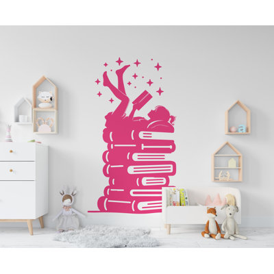 Fille, lecture, livre, bibliothèque, décalcomanies murales en vinyle, décalque de bibliothèque, décalcomanies éducatives, salle de lecture, crèches, école, cadeaux pour enfants