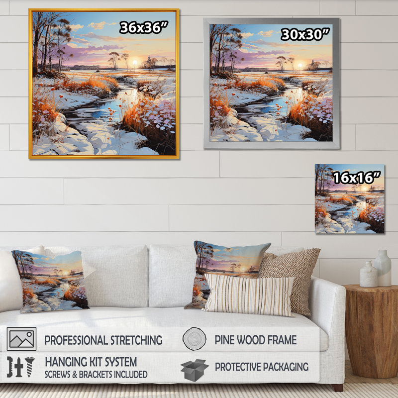 Prayies Winter Scenery Country Charm sur impression sur toile, Cadre flottant blanc, H 36 po x l 36 po x P 1,5 po