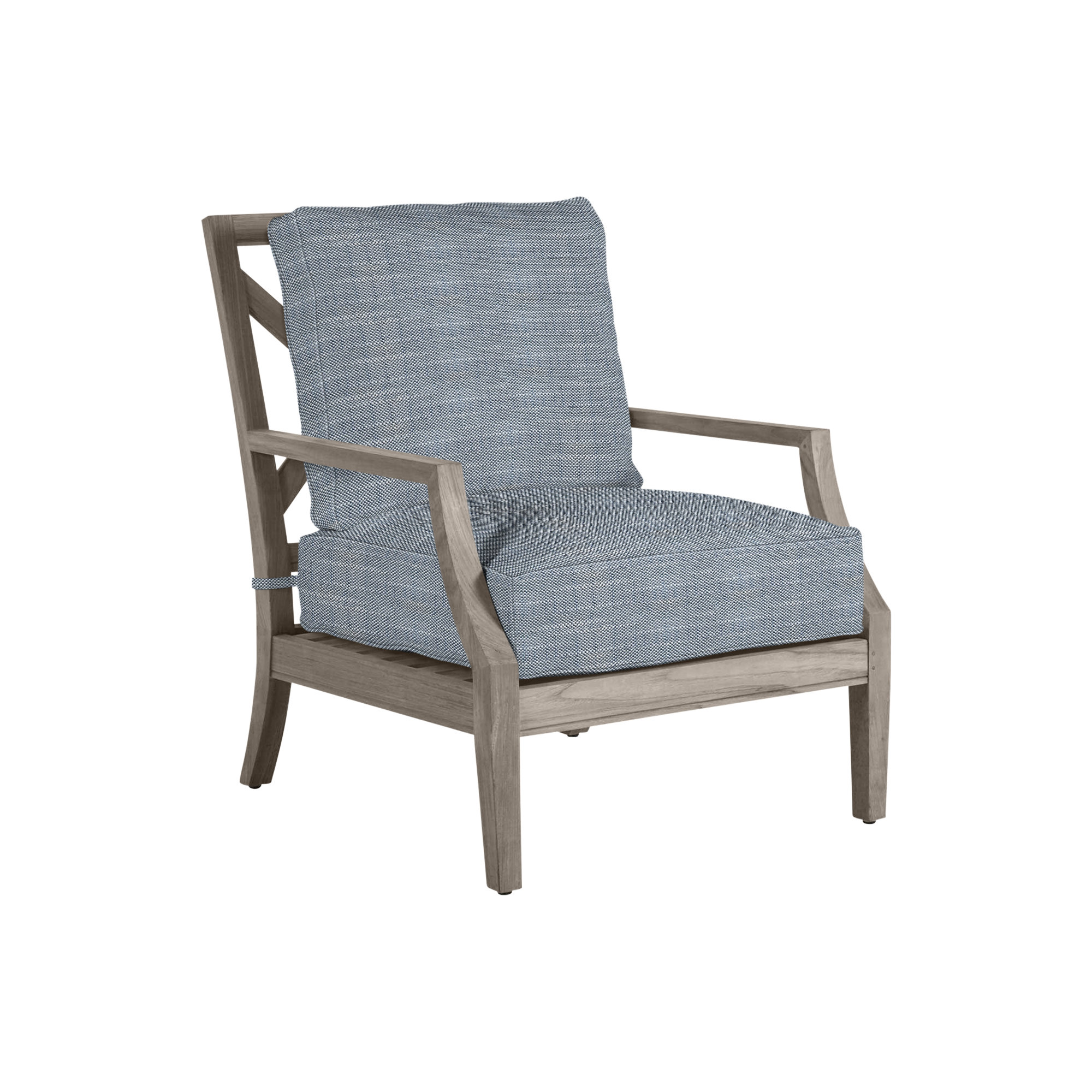 Haley Teak Outdoor Lounge Chair Latticework Back, Oyster Teak, No welt + Standard fill, Rollo Chambray InsideOut® Linen