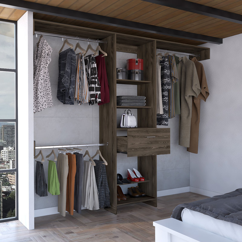 Manchester 250 Closet System with 5 Open Shelves, 1 Drawer, and 3 Metal Rods, Brown