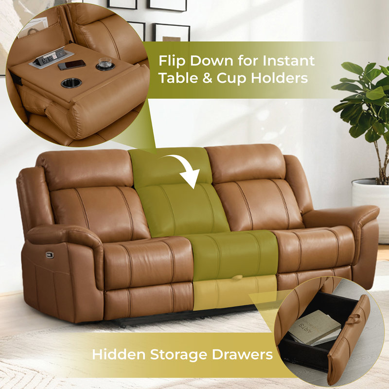 3-Seat Dual Motor zero clearence recliner Genuine Leather Power Recliner Sofa With Power Headrest And Console, Saddle