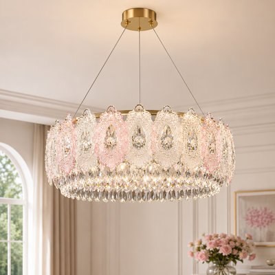 Lustre moderne avec panneaux de verre rose et lumière DEL intégrée