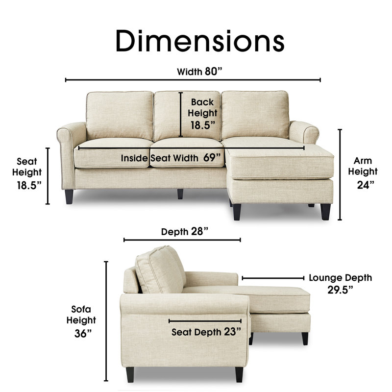 Serta Harmon Upholstered Reversible Sectional Sofa and Chaise, Cream, Square Arms