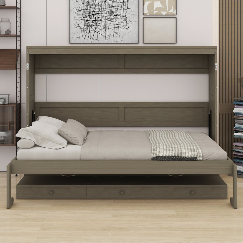 Lit escamotable tout-en-un avec rangement, coiffeuse, miroir et 2 tiroirs latéraux, Gris patiné