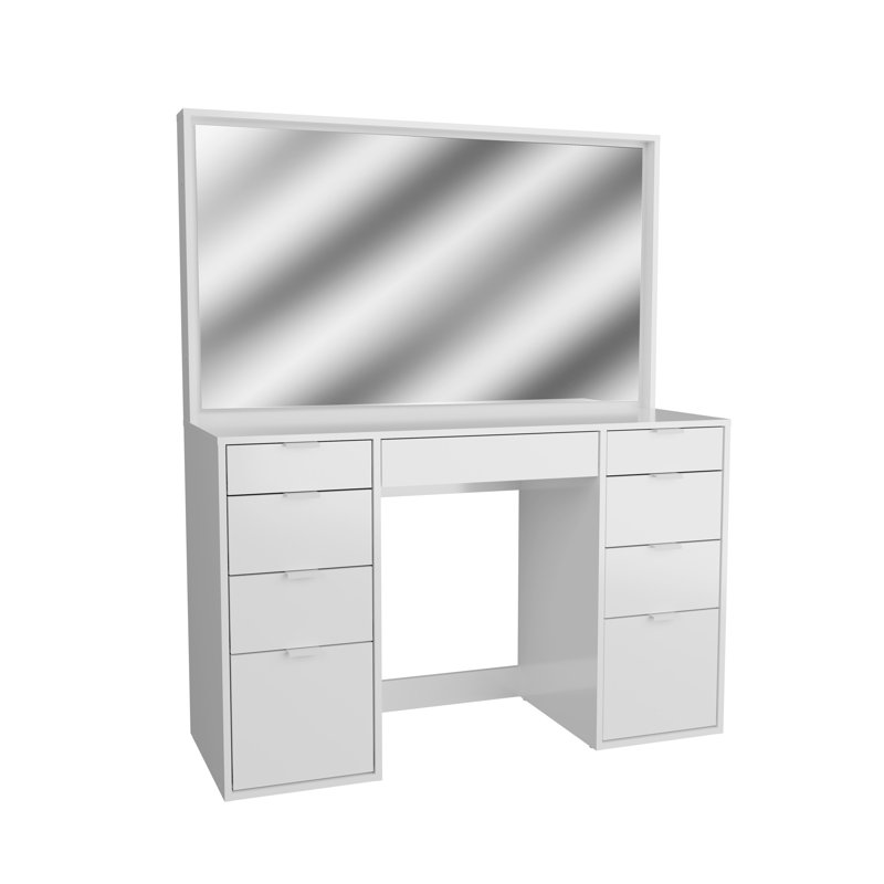Kahari Modern Vanity Table with Mirror & 9 Drawers, 47.2"W Makeup Desk
