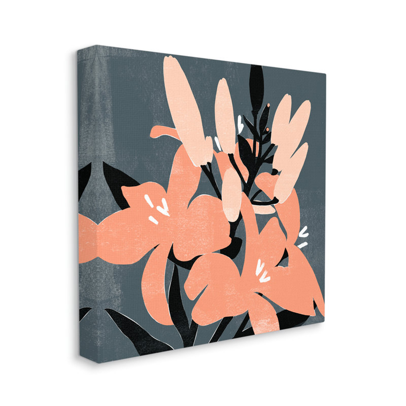 «Tropical Pop Pink Lilies Dark Neutral Floral Branches» par Emma Scarvey - peinture sur toile, Toile tendue