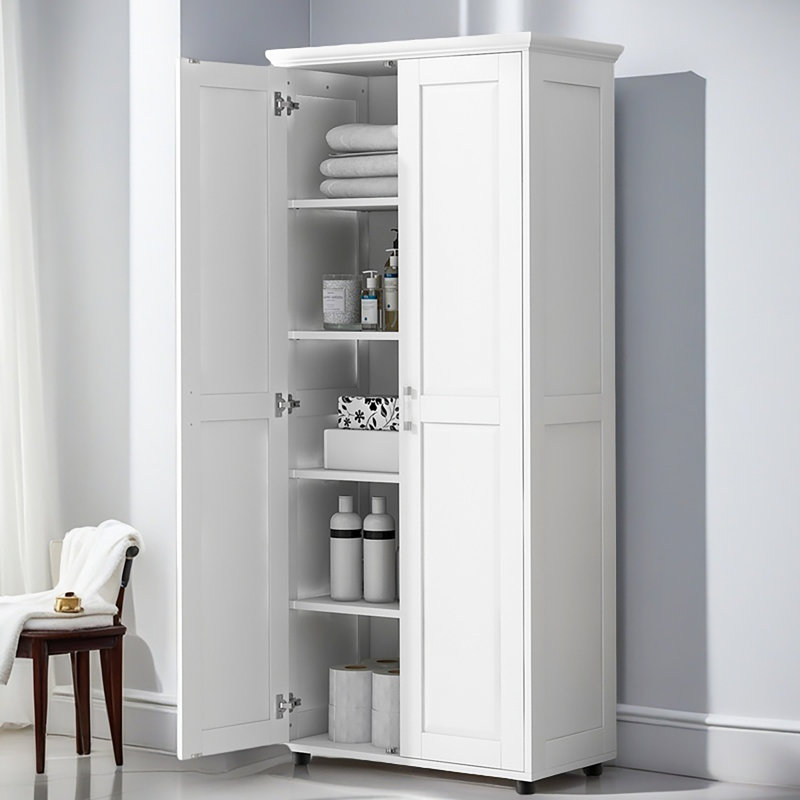 Armoire de rangement avec deux portes pour salle de bain, bureau, tablette réglable, panneau de fibres à densité moyenne, blanc