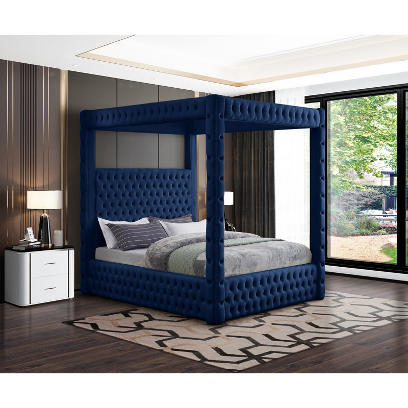 Ekke Upholstered Platform Bed, Navy Velvet, Queen