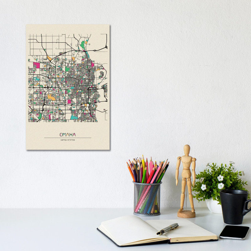 Omaha, Nebraska Map by Ayse Deniz Akerman - Wrapped Canvas Print, 20.32 cm H x 30.48 cm W