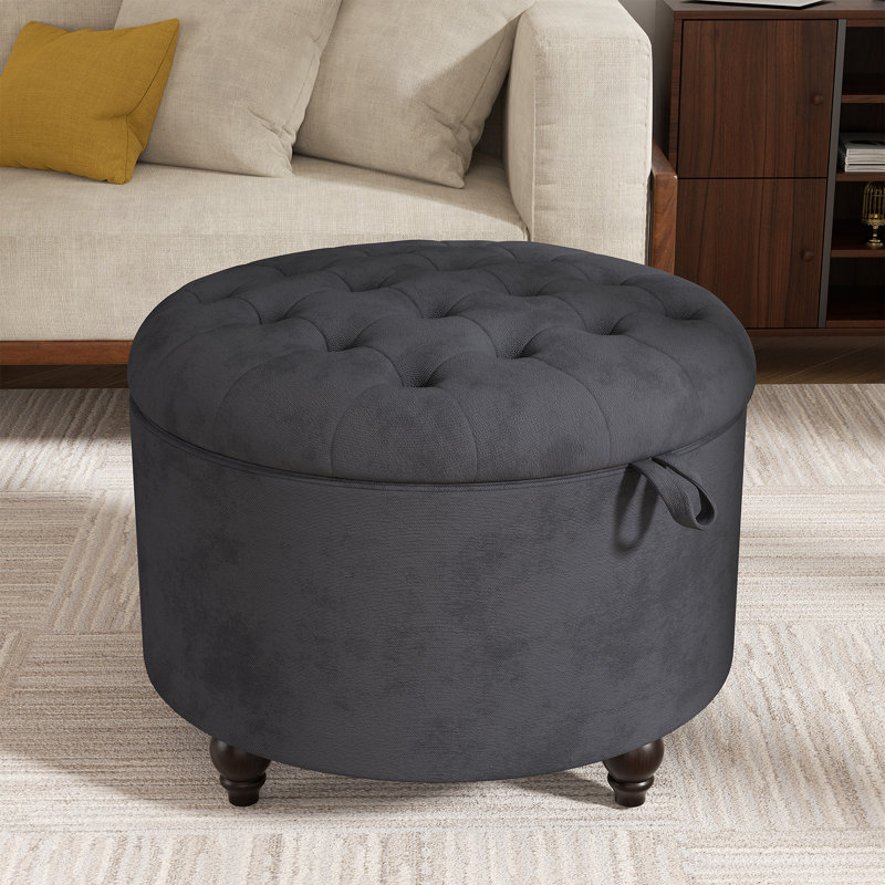 Button-Designed Upholstered Ottoman With Storage, Dark Gray