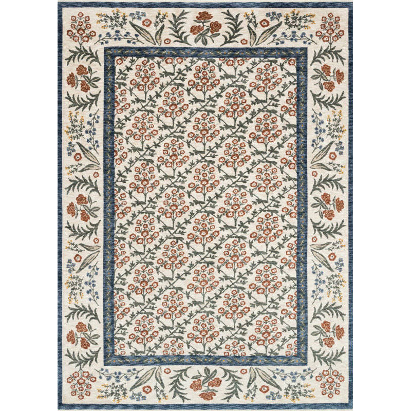 Beige-Terracotta Coloured Floral Border Pattern RF Woven Base Digital Print Rug, Rectangle 2'7" x 4'11"