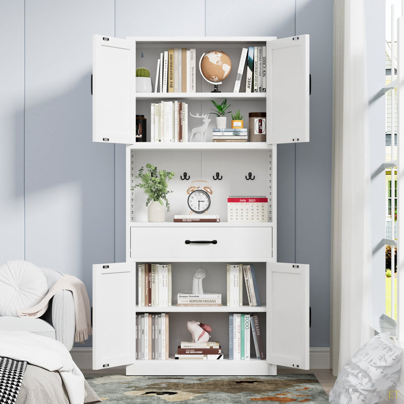 Armoire de rangement de 71 po de hauteur en acier blanc avec grand comptoir, tablettes réglables, tiroirs et crochets, armoire robuste de style moderne
